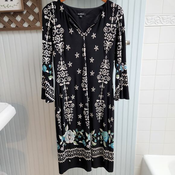 Glamour Black Bell Sleeve Dress with Floral Embroidery Pattern - Picture 1 of 10